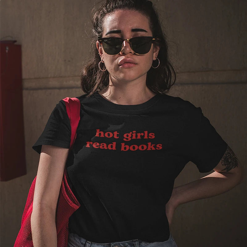 Hot Girls Read Books Y2K Aesthetic Tee - Coquette & Goth Styles