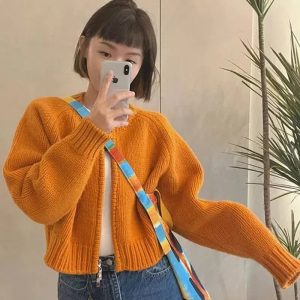 Indie Y2K Zip-Up Knitted Cardigan for Aesthetic Outfits & Styles