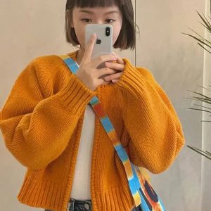 Indie Y2K Zip-Up Knitted Cardigan for Aesthetic Outfits & Styles