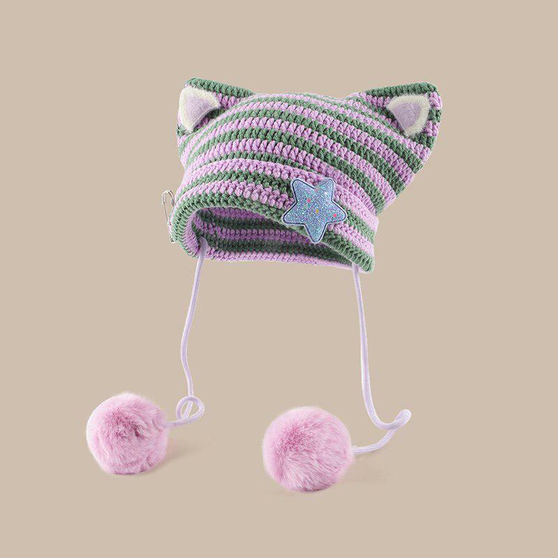 Kawaii Cat Ear Pom-Pom Beanie | Y2K Aesthetic Coquette Style Accessory