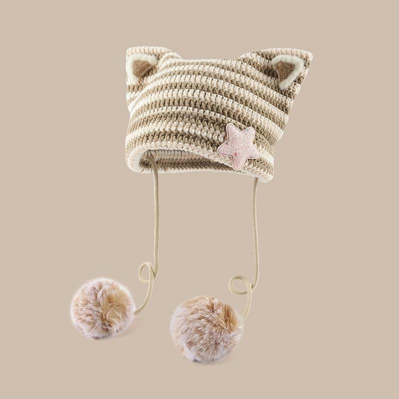 Kawaii Cat Ear Pom-Pom Beanie | Y2K Aesthetic Coquette Style Accessory