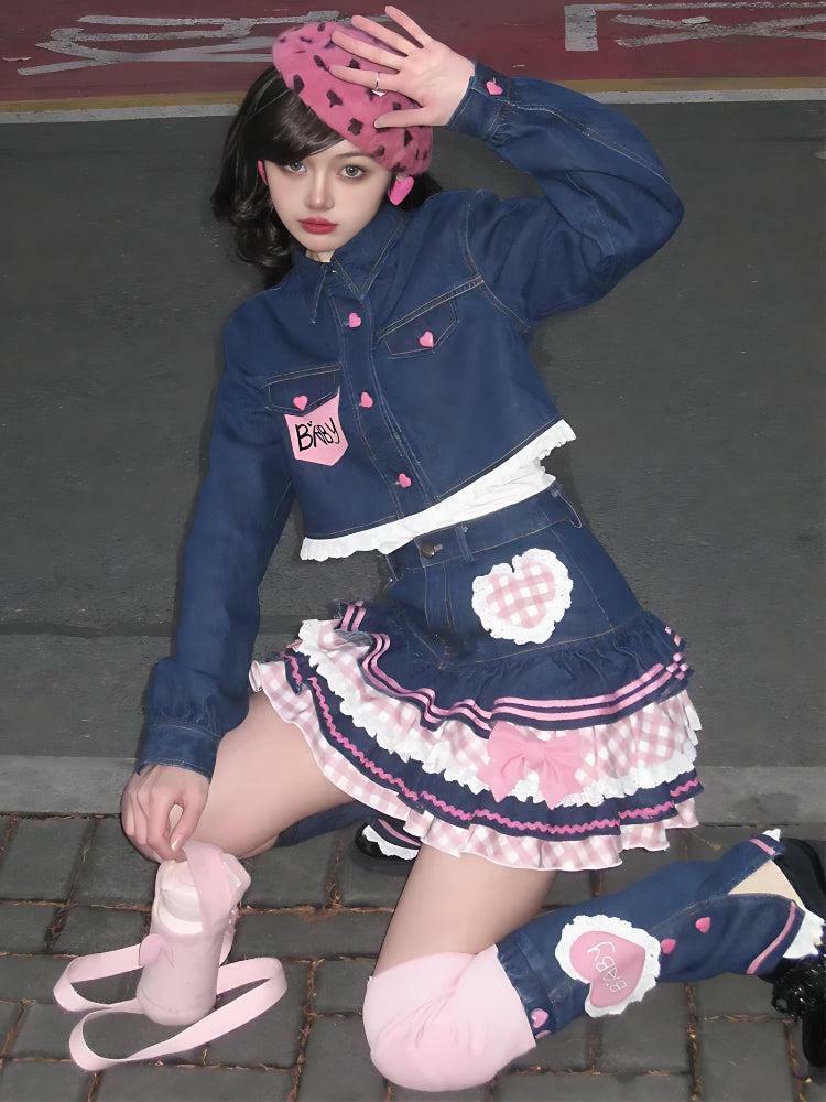 Kawaii Layered Denim Mini Skirt - Y2K Aesthetic Coquette Style Outfit