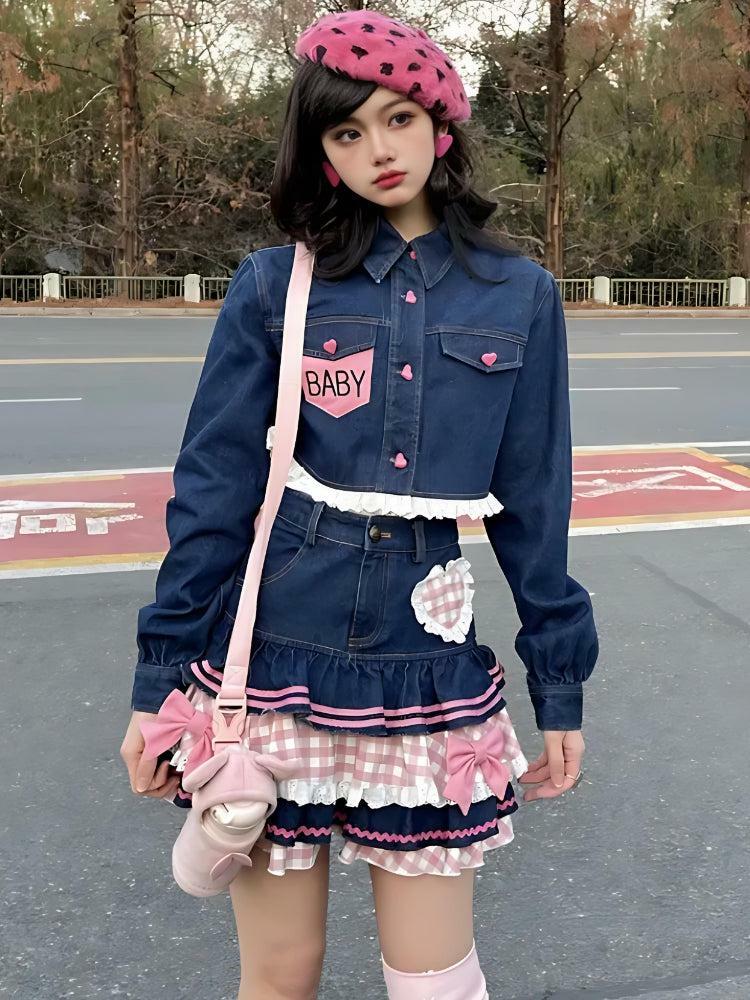 Kawaii Layered Denim Mini Skirt - Y2K Aesthetic Coquette Style Outfit