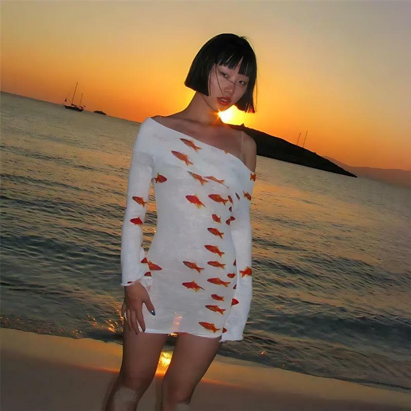 Koi Fish Printed Mesh Mini Dress - Y2K Aesthetic Coquette Style Outfit