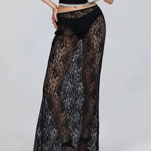 Lace Sheer Low Rise Maxi Skirt - Y2K Coquette Aesthetic Clothing