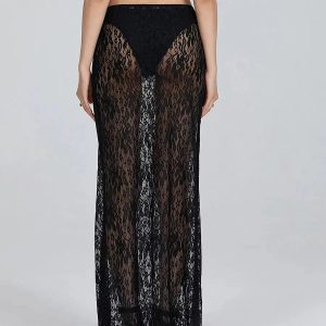 Lace Sheer Low Rise Maxi Skirt - Y2K Coquette Aesthetic Clothing