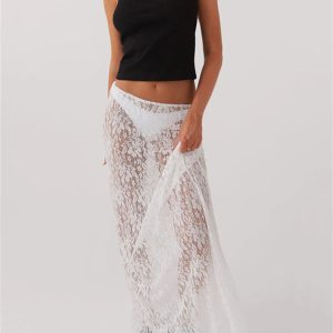 Lace Sheer Low Rise Maxi Skirt - Y2K Coquette Aesthetic Clothing