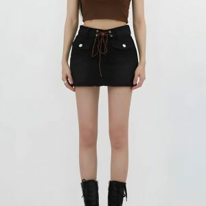 Lace Up Belted Denim Mini Skort - Y2K Coquette Aesthetic Clothing