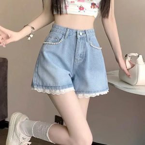 Lace Wide Leg Denim Shorts - Y2K Aesthetic Coquette Style Outfit