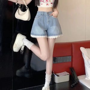 Lace Wide Leg Denim Shorts - Y2K Aesthetic Coquette Style Outfit