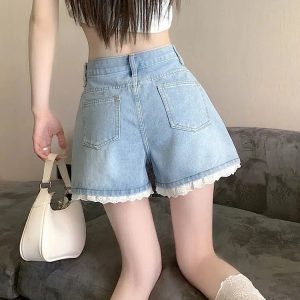 Lace Wide Leg Denim Shorts - Y2K Aesthetic Coquette Style Outfit