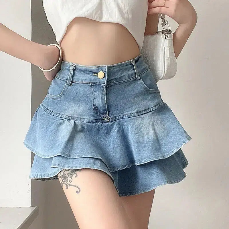 Layered Ruffled Denim Mini Skirt - Y2K Aesthetic Coquette Style Outfit