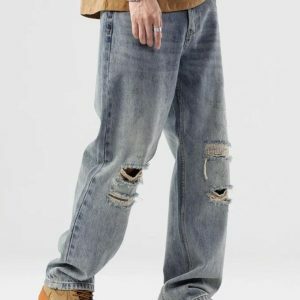 Light Wash Distressed Knee Jeans - Y2K Aesthetic & Coquette Style