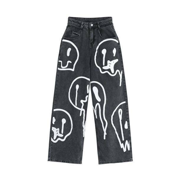 Melting Smiley Print Y2K Jeans - Trendy Aesthetic Clothing for All Styles