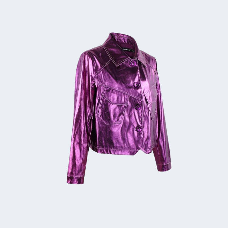 Metallic Fuchsia Faux Leather Jacket - Y2K Coquette Aesthetic Style