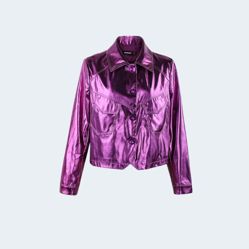 Metallic Fuchsia Faux Leather Jacket - Y2K Coquette Aesthetic Style