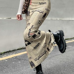 Newspaper Print Maxi Skirt - Y2K Aesthetic Clothing for Trendy Outfits