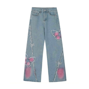 Pastel Butterfly Wide Leg Jeans - Y2K Aesthetic Coquette Style Outfit