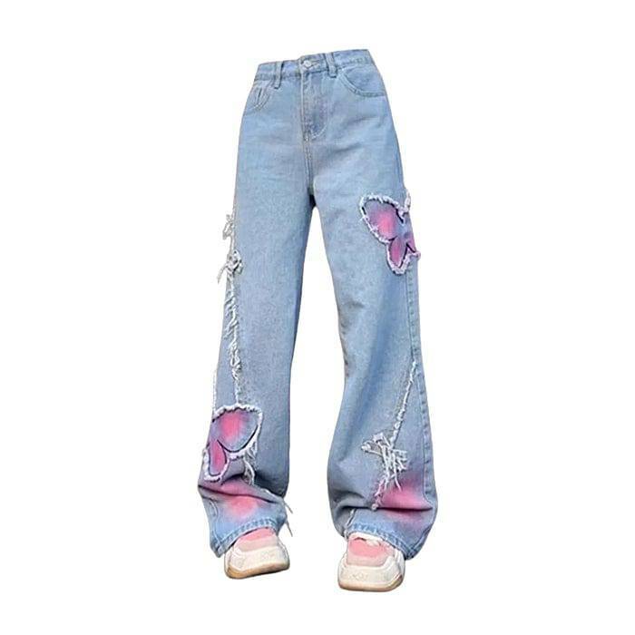 Pastel Butterfly Wide Leg Jeans - Y2K Aesthetic Coquette Style Outfit