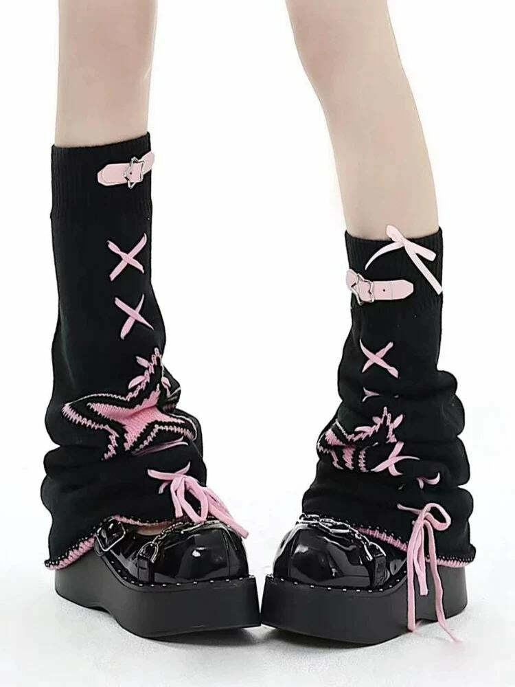 Pastel Goth Lace-Up Belted Leg Warmers | Y2K Aesthetic Clothing