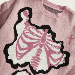 Pastel Pink Skeleton Sweater - Y2K Aesthetic Coquette Clothing