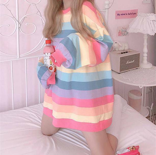 Pastel Rainbow Sweatshirt - Y2K Aesthetic Coquette Style Top