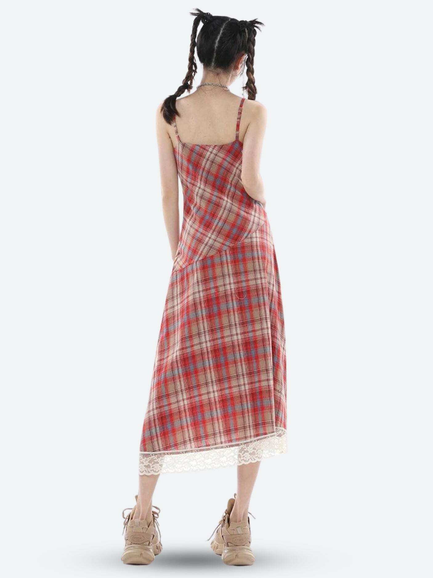 Plaid Lace Midi Dress - Y2K Aesthetic Coquette Style for Trendy Looks