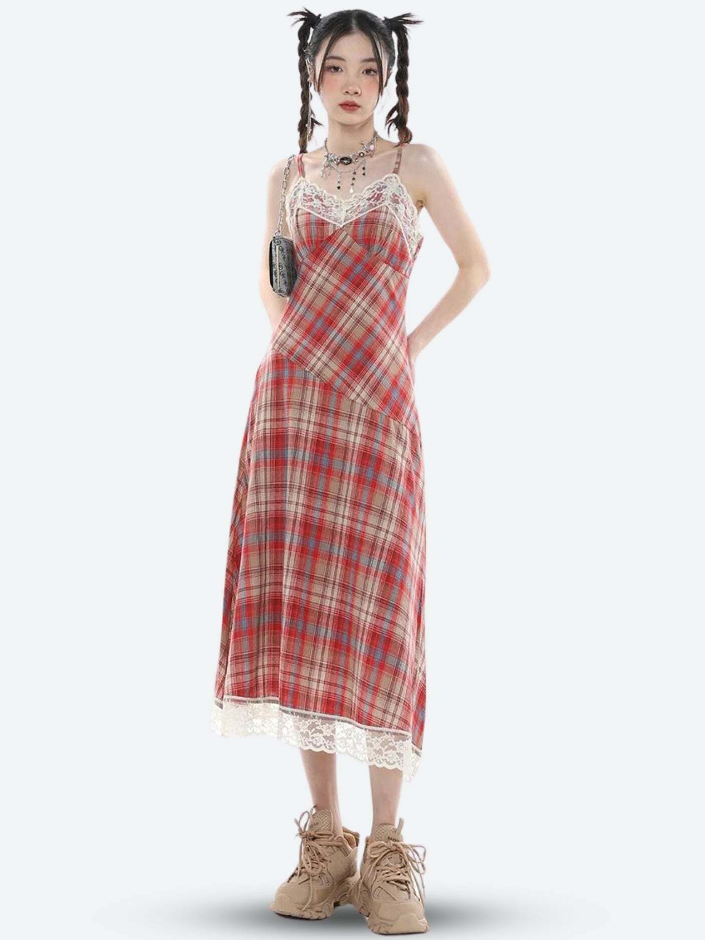 Plaid Lace Midi Dress - Y2K Aesthetic Coquette Style for Trendy Looks