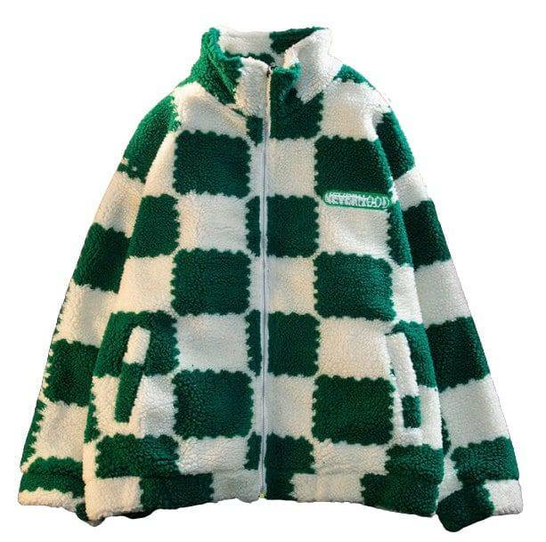 Plush Checkered Jacket - Y2K Aesthetic Coquette Style Outerwear