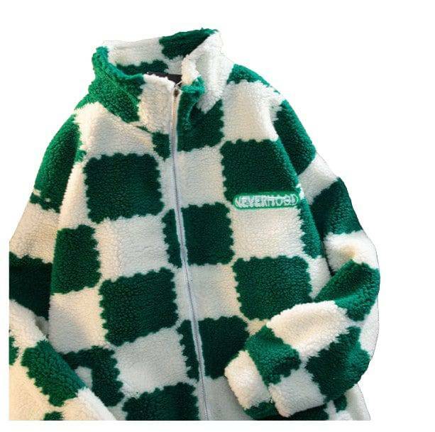 Plush Checkered Jacket - Y2K Aesthetic Coquette Style Outerwear