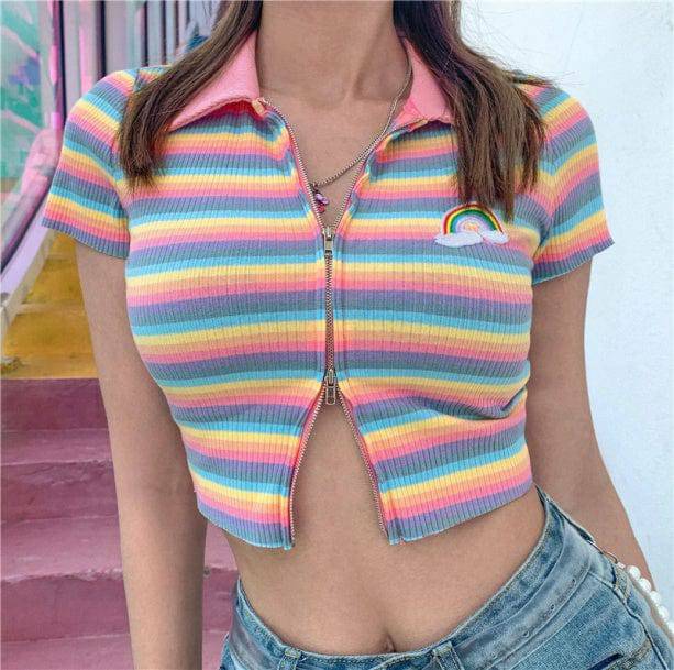 Rainbow Zipper Up Top - Y2K Aesthetic Clothing for Trendy Outfits