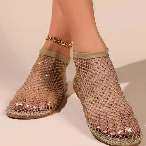 Rhinestone Fishnet Ballerina Flats - Y2K Coquette Aesthetic Shoes