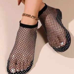 Rhinestone Fishnet Ballerina Flats - Y2K Coquette Aesthetic Shoes