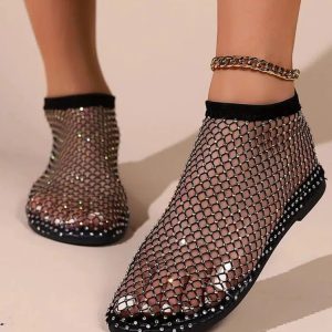 Rhinestone Fishnet Ballerina Flats - Y2K Coquette Aesthetic Shoes