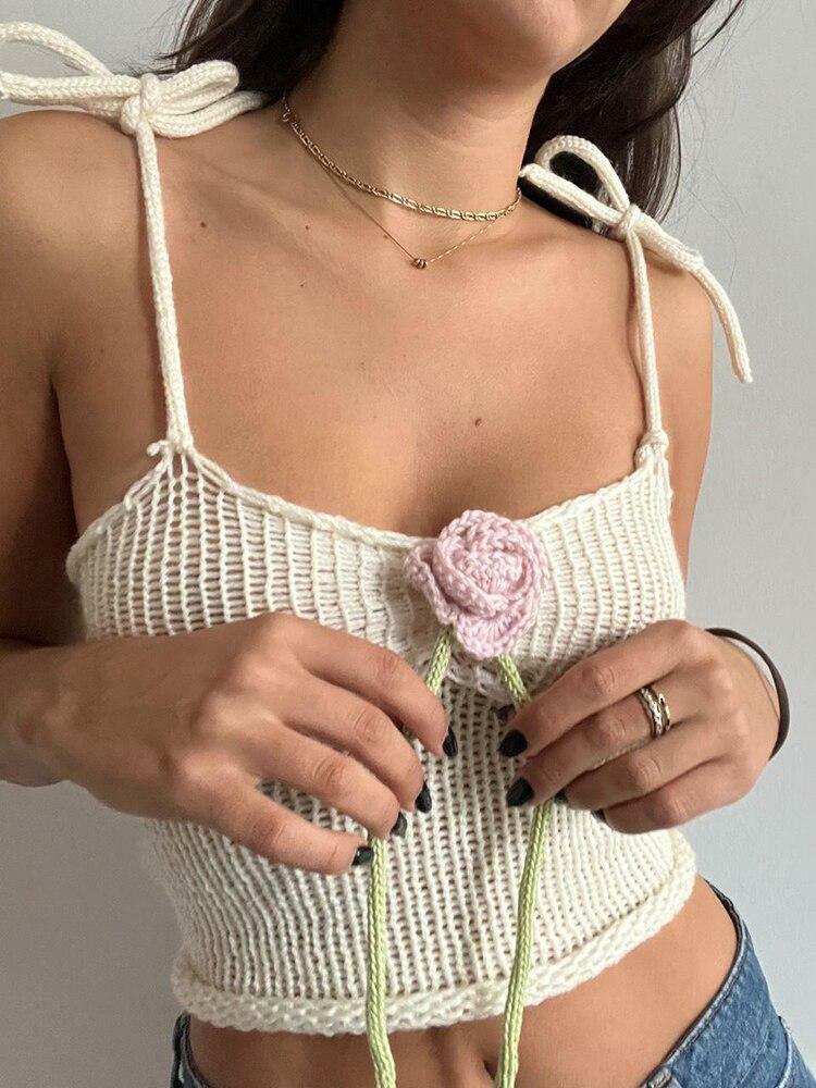 Rose Detailed Knitted Crop Top - Y2K Coquette Aesthetic Apparel