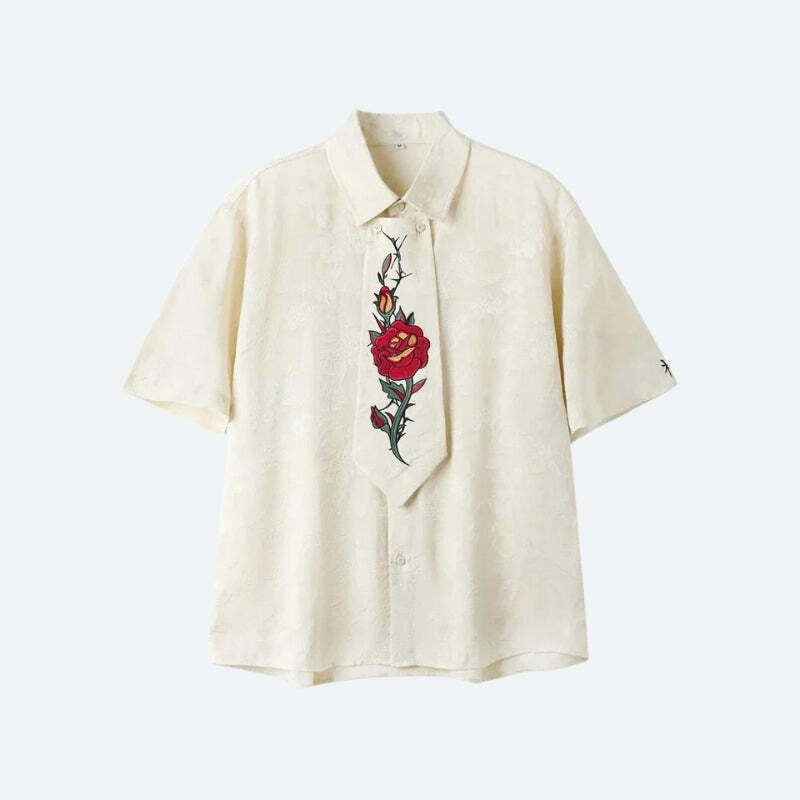 Rose Embroidery Tie Shirt - Y2K Aesthetic Coquette Style Top