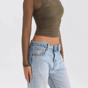 Ruched Sheer Zip-Up Mesh Top - Y2K Aesthetic Clothing for Trendy Styles