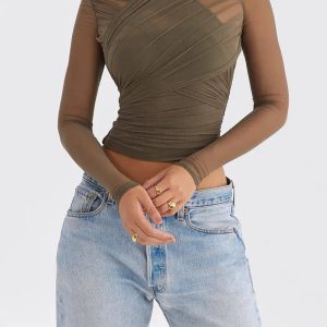 Ruched Sheer Zip-Up Mesh Top - Y2K Aesthetic Clothing for Trendy Styles