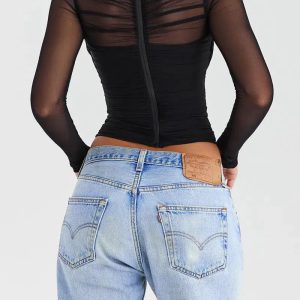 Ruched Sheer Zip-Up Mesh Top - Y2K Aesthetic Clothing for Trendy Styles