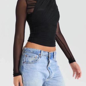 Ruched Sheer Zip-Up Mesh Top - Y2K Aesthetic Clothing for Trendy Styles