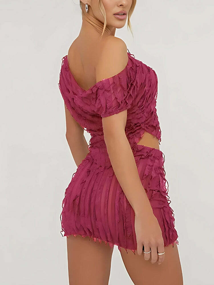 Ruffled One Shoulder Top & Mini Skirt Set - Y2K Coquette Aesthetic Outfit