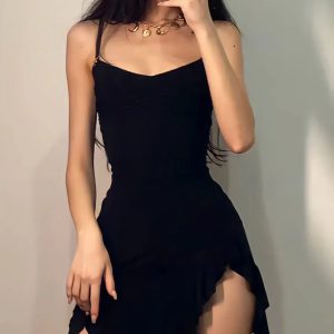 Ruffled Slit Bodycon Mini Dress - Y2K Aesthetic Coquette Style