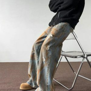 Rusty Pattern Wide Leg Denim Jeans - Y2K Aesthetic Clothing Essential