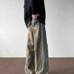 Rusty Pattern Wide Leg Denim Jeans - Y2K Aesthetic Clothing Essential