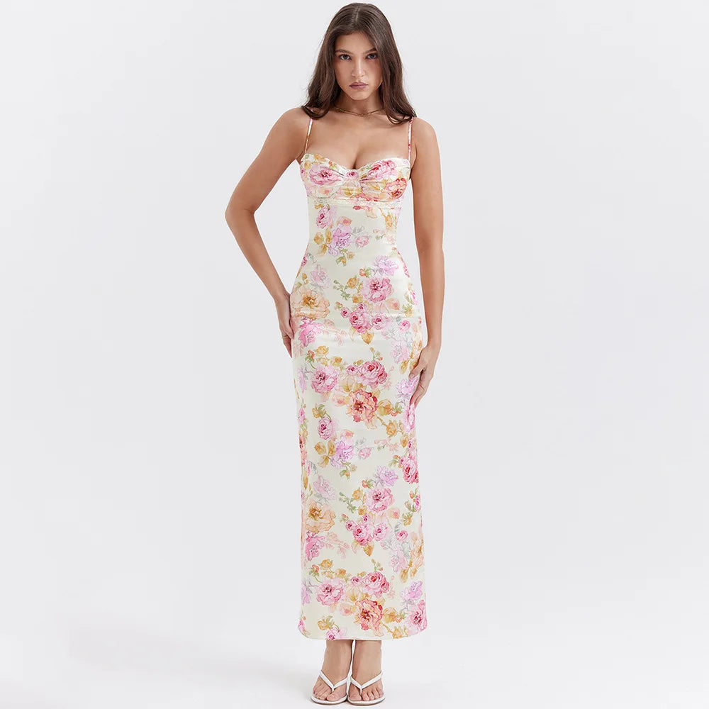 Satin Floral Maxi Dress - Y2K Aesthetic Coquette Style Outfit