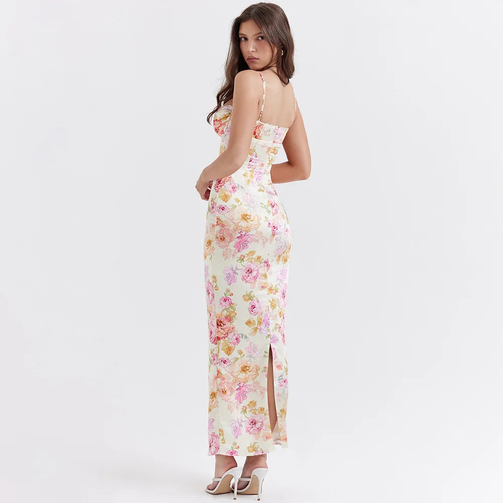 Satin Floral Maxi Dress - Y2K Aesthetic Coquette Style Outfit