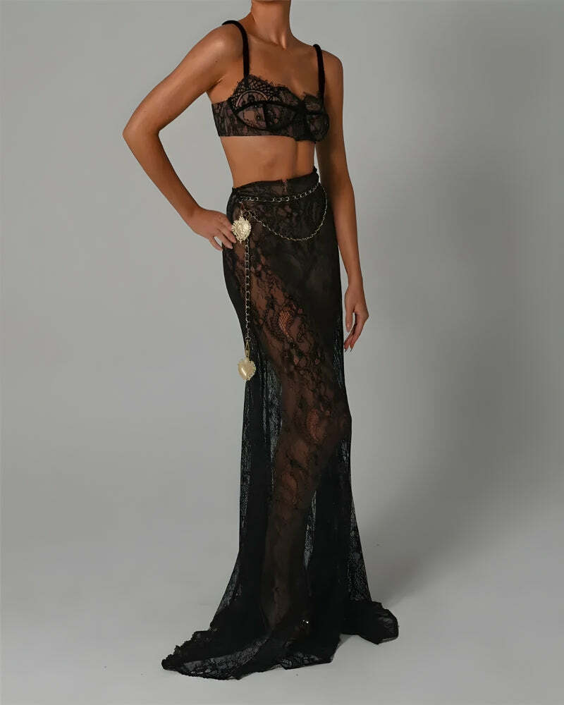 Sheer Lace Two-Piece Set: Y2K Coquette Aesthetic Outfit for Trendy Looks