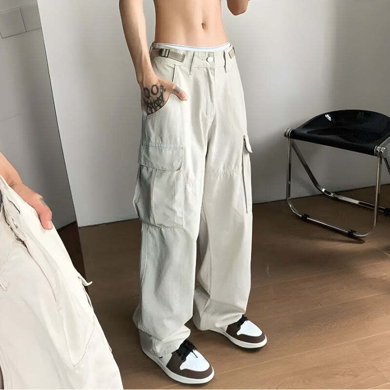 Side Belt Detailed Baggy Cargo Pants - Y2K Aesthetic Clothing Essential