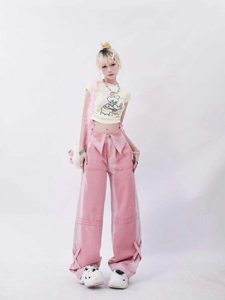 Soft Girl Aesthetic Folded Waist Jeans - Y2K Clothing & Coquette Style