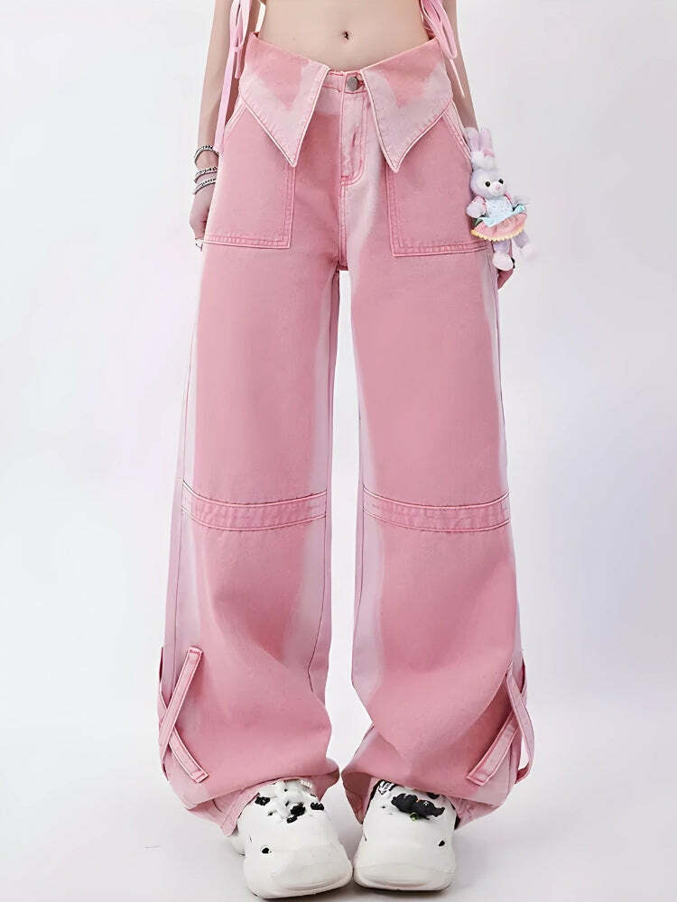 Soft Girl Aesthetic Folded Waist Jeans - Y2K Clothing & Coquette Style